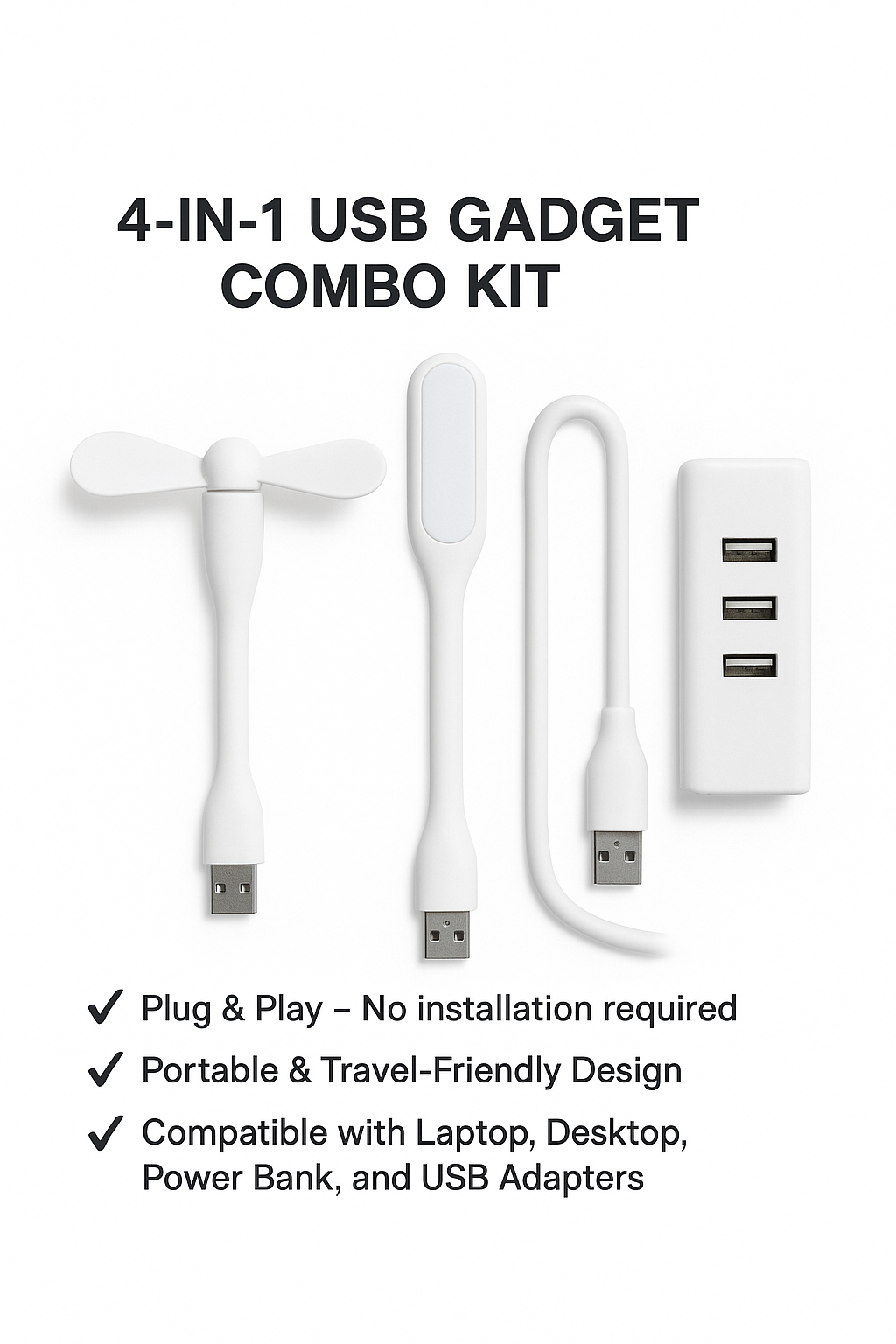 4-in-1 USB Gadget Combo Kit – Portable Mini Fan, LED Light, Flexible Extension & Multi-Port Hub