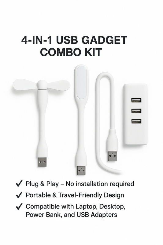 4-in-1 USB Gadget Combo Kit – Portable Mini Fan, LED Light, Flexible Extension & Multi-Port Hub
